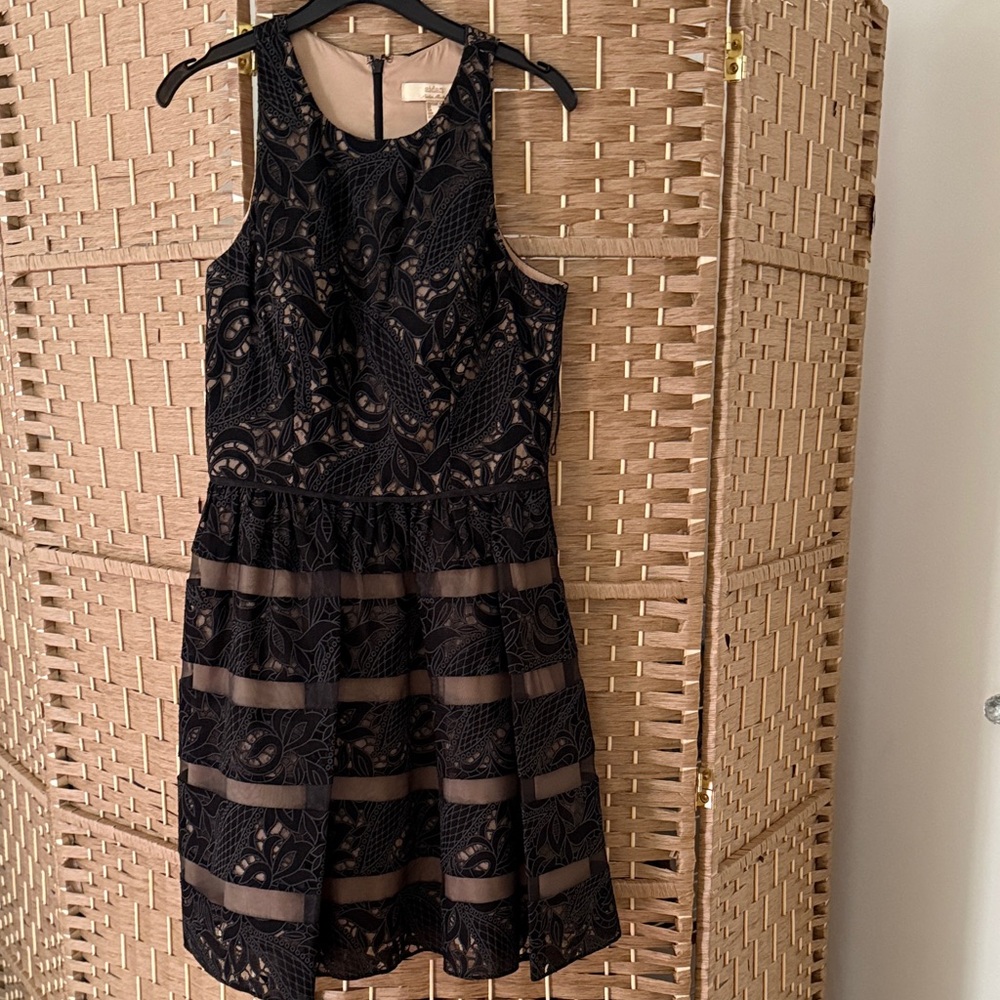 Aidan by Aidan Mattox Black Lace Overlay on Nude Midi Dress